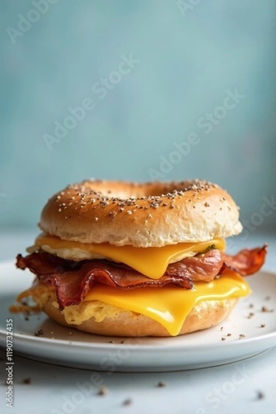 Fototapeta A breakfast egg sandwich with fluffy eggs and crispy bacon, styled on a pastel blue background. Perfect for breakfast ads and food promotions.