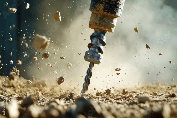 Fototapeta Close-up of Drill Bit Penetrating Concrete with Debris