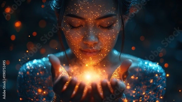 Obraz Hands and holographic lights create a spiritual image of support, prayer, and care, with a cosmic, futuristic feel