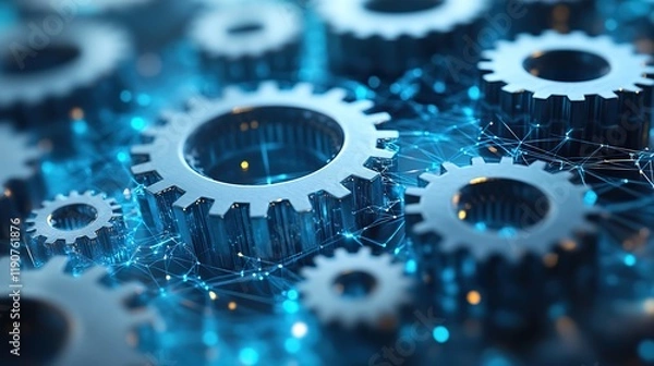 Obraz Infographic header featuring interconnected gray and blue gears on a checked background, symbolizing productivity