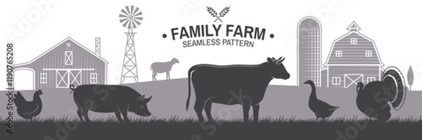 Fototapeta Family farm horizontal seamless pattern. Vector illustration. Vintage rustic design with chicken, goose, sheep, cow, turkey, pig on the grass and farm house silhouette for background, wallpaper.