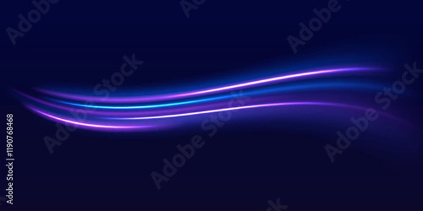 Fototapeta Speed police line. Laser beams, horizontal light rays. Magic shining neon light line trails. Purple glowing wave swirl, impulse cable lines. High speed effect motion blur night lights