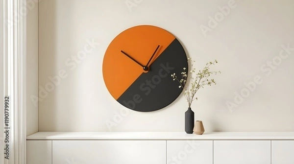 Fototapeta modern wall clock design idea, black and orange clock on wall 