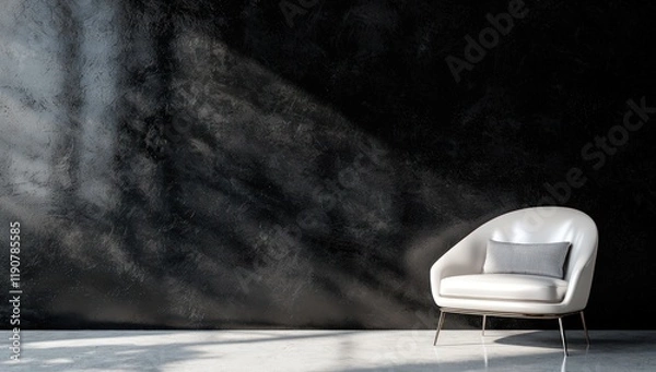 Fototapeta A glossy jet-black wall with a pearl white armchair, a thin gray cushion, and a smooth concrete floor