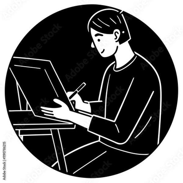 Fototapeta Imaginative Designer Utilizing Digital Tablet in Silhouette Remote    