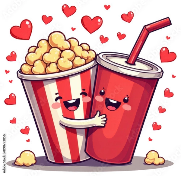 Fototapeta Cute illustration of a hugging popcorn bucket and soda cup surrounded by hearts, perfect for Valentine’s Day, movie night themes, or playful designs.