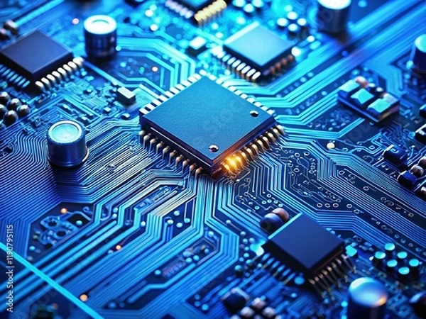 Fototapeta High-Tech Blue Electronic Circuit Board Close-Up with Copy Space