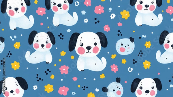 Fototapeta discover adorable seamless dalmatian puppy patterns with floral designs perfect for children's wallpaper and fabric, featuring whimsical cute cartoon dogs in pastel and blue backgrounds