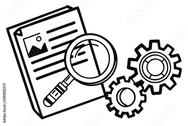 Obraz Black and white icon, document symbol, magnifying glass, gear icon, technical inspection, search functionality, system settings, file analysis, simplified design, high contrast, vector graphic style, 