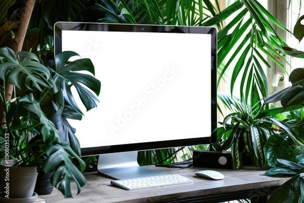 Fototapeta Vibrant Picture of Eco Friendly Workspace with Mock Up Desktop Computer
