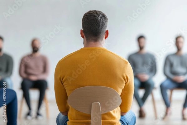 Fototapeta Group therapy session with men sitting in a circle discussing personal issues at a wellness center
