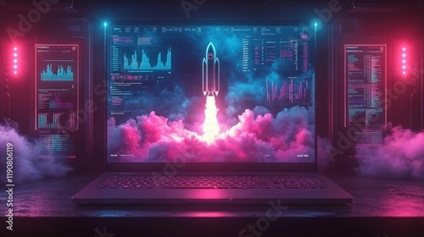 Obraz Futuristic Rocket Launch from Laptop Screen. Generative AI