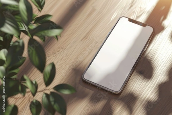 Fototapeta Blank Desktop with Keyboard Diary Cell Phone on a Wooden Table at Sunrise Mock Up