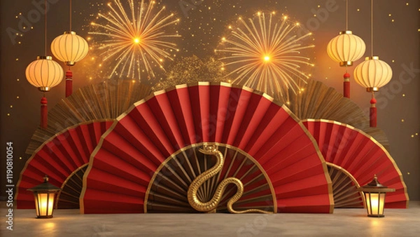 Fototapeta Red Fans and Fireworks Lighting Up Chinese New Year 2025