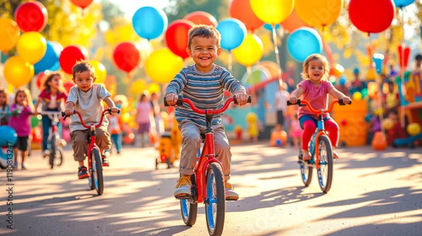Fototapeta A group of children riding bikes with colorful balloons in the background