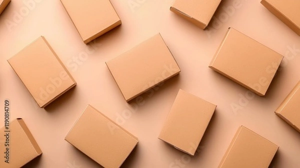 Fototapeta Minimal Kraft Packaging Boxes Over Soft Background in Flat Lay Style