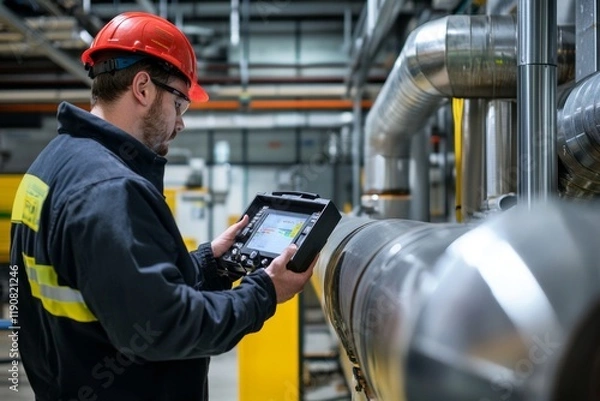 Fototapeta Industrial Engineer Monitoring Machinery with Digital Tablet in Modern Factory for Enhanced Productivity and Safety