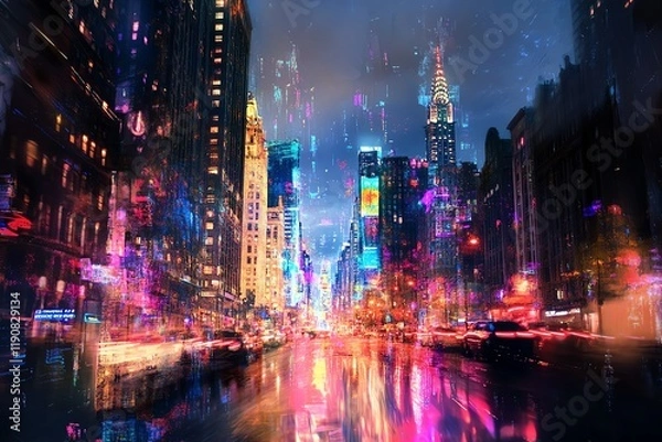 Fototapeta Vibrant digital painting of a futuristic city street at night, reflecting neon lights in wet pavement.  Cyberpunk aesthetic.