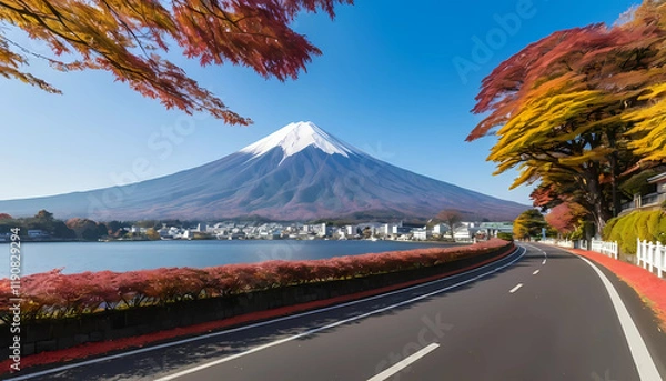 Obraz Fuji Mountain and Local Road along Kawaguchiko Lake in Autumn