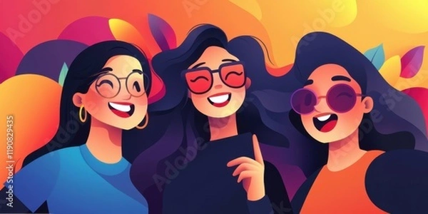 Obraz Colorful cartoon-style smiling friends with sunglasses against vibrant abstract background