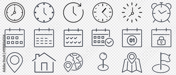 Obraz Time, date and location line icons set.. Address line icons and navigation outline icons set. isolated on transporent background.