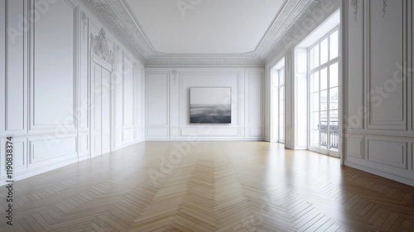 Fototapeta dans un appartement parisien bourgeois, un long couloir blanc 