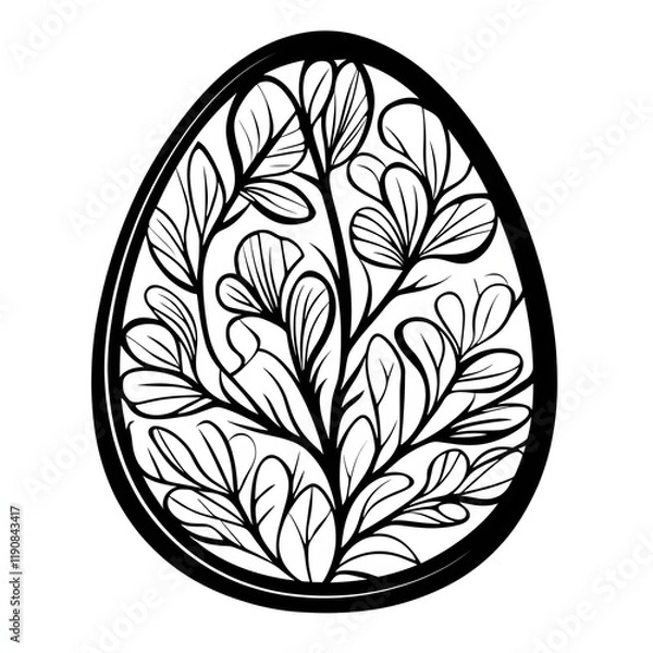 Fototapeta Easter egg line art black and white illustration, art for print, sketch tattoo idea, floral and botanical  ornament, flowers, Easter ideas for eggs drawing, printable, on white background 
