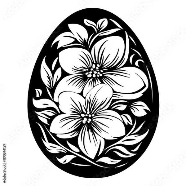 Fototapeta Easter egg line art black and white illustration, art for print, sketch tattoo idea, floral and botanical  ornament, flowers, Easter ideas for eggs drawing, printable, on white background 