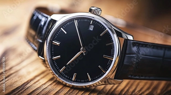 Fototapeta A close-up of a luxurious designer watch with a black leather strap, elegantly laid on a polished wooden surface