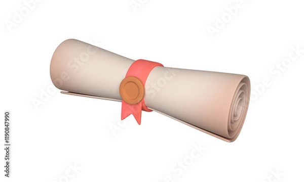 Fototapeta Old paper scroll. Ancient antique papyrus with seal, tied with ribbon. 3d rendering.