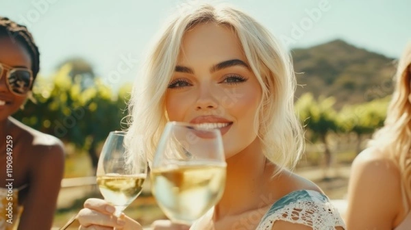 Fototapeta Happy adult friends having fun drinking white wine and eating together with vineyard in background - Multiracial people doing dinne at summer time in countryside resort - Main focus on blond girl fac