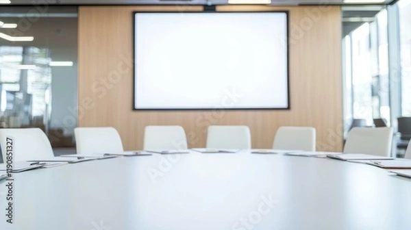 Fototapeta A modern conference room with a large table and a blank screen for presentations.