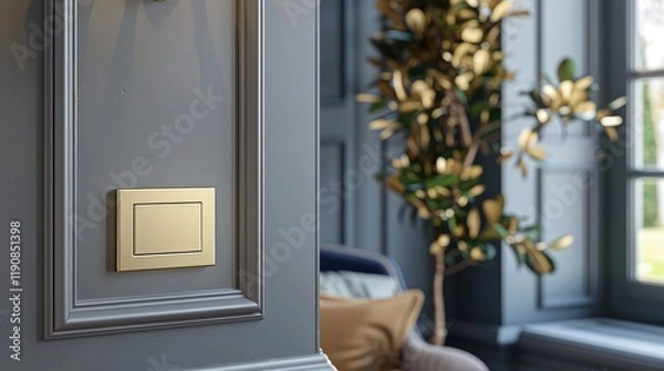 Obraz A chic light switch in brushed gold exudes elegance against a muted gray wall, elevating the room with its luxurious design and warm metallic hue.