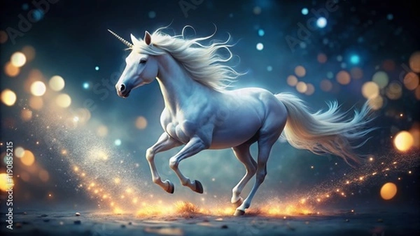 Fototapeta Magical White Unicorn in Motion, Dark Background, Bokeh Effect - Stock Photo
