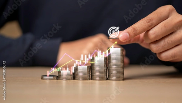 Fototapeta Businessman increasing graph with money coins stacking , Business investment profit and deposit dividend saving growth in 2025 concept
