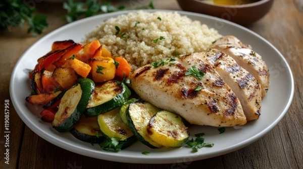 Fototapeta Nutritious lunch plate with grilled chicken, quinoa, and fresh vegetables served on a rustic wooden table
