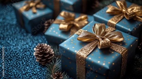Fototapeta Group of blue gift boxes with gold bows and decorative pine cones arranged on a white background valentine day