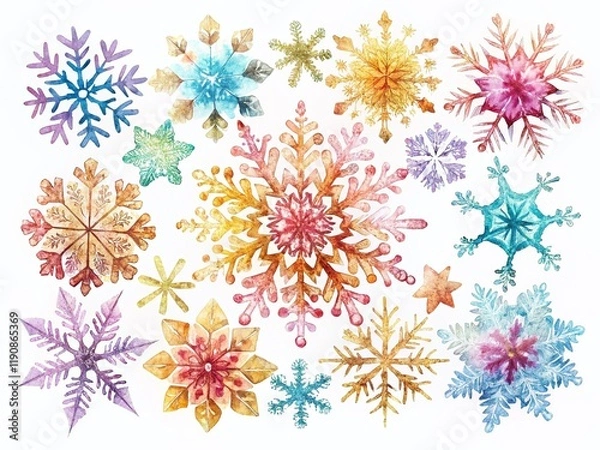 Fototapeta Watercolor Snowflakes: Long Exposure, Isolated White Background Stock Photo