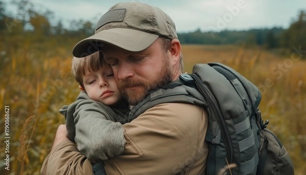 Fototapeta A heartwarming image capturing a dad hugging his child tightly after a soccer match, celebrating their shared love and the child's success The photo portrays the strong bond between father and son