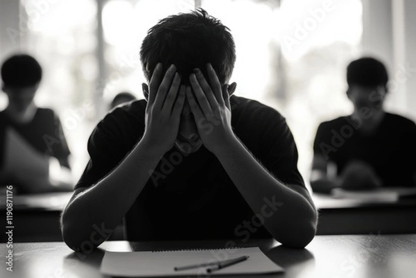Fototapeta A high school student has a panic attack during an exam and covers his face with his hands. In front of the student is the exam paper, pencil and eraser. Other students appear as silhouettes. 