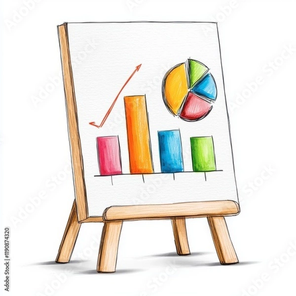 Fototapeta A white board with a colorful drawing of a pie chart and a line graph
