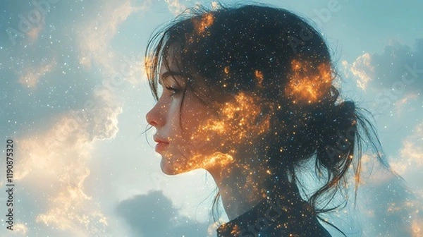 Fototapeta Ethereal Profile of a Person Surrounded by Swirling Galaxies and Cosmic Elements in a Dreamy Atmospheric Setting