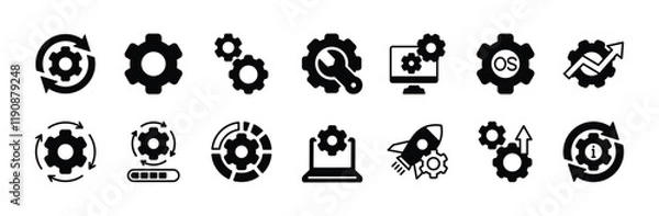 Fototapeta Operating system or OS icon vector set. Containing software update, configuration, customization, options, maintenance, progress bar, upgrade, settings, installation, process, service