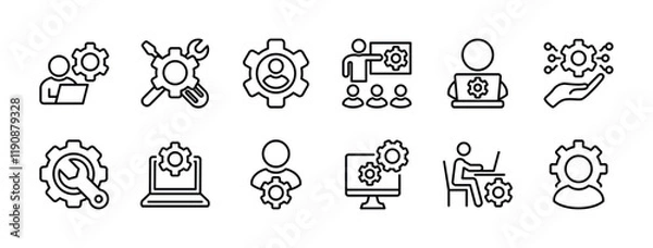Fototapeta Information technology manager thin line icon set. Containing specialist, expert, professional, service, technician, work, engineer, workshop, installer, employee, project. Vector illustration