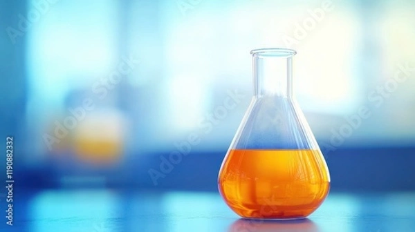 Fototapeta Orange solution in science glass flask on blue chemistry school laboratory background , chemistry, science, laboratory