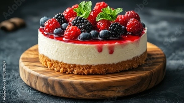 Obraz Modern cake on a wooden stand decorated with fresh berries and mint leaves on top. Generative AI.