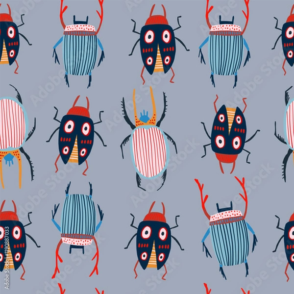 Fototapeta Trendy vector pattern featuring colorful, stylish bugs with unique dotted designs on a pastel background. Perfect for decorative purposes, textiles, wallpapers, and creative projects with an insects