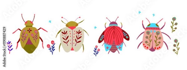 Fototapeta Stylish vector set of bugs, insects, and moths with greenery accents. Perfect for clip art, digital designs, nature-themed projects, or creative backgrounds with a modern botanical vibe. Vector