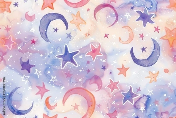 Obraz A whimsical pattern featuring stars and crescent moons in soft pastel colors.
