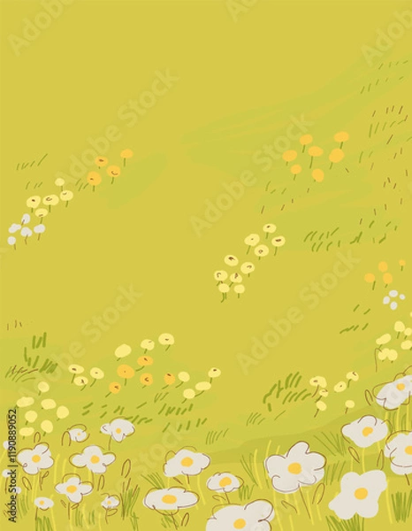 Fototapeta Vertical illustration of a serene field filled with greenery and blooming daisies, perfect for spring postcards, holiday designs, or as a tranquil background. Ideal for nature-themed project. Vector